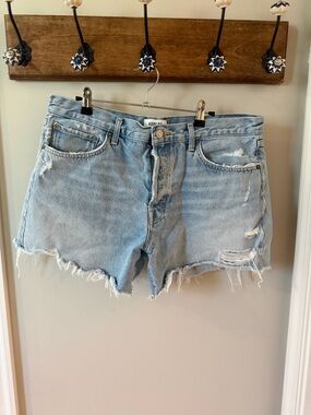 AGOLDE Parker Long Light Blue Distressed Denim Shorts